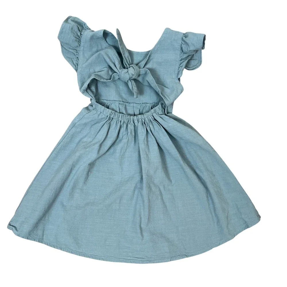 Girls Slate Blue Cotton Gauze Flutter Sleeve Open Back Tie Dress Size 110 5T